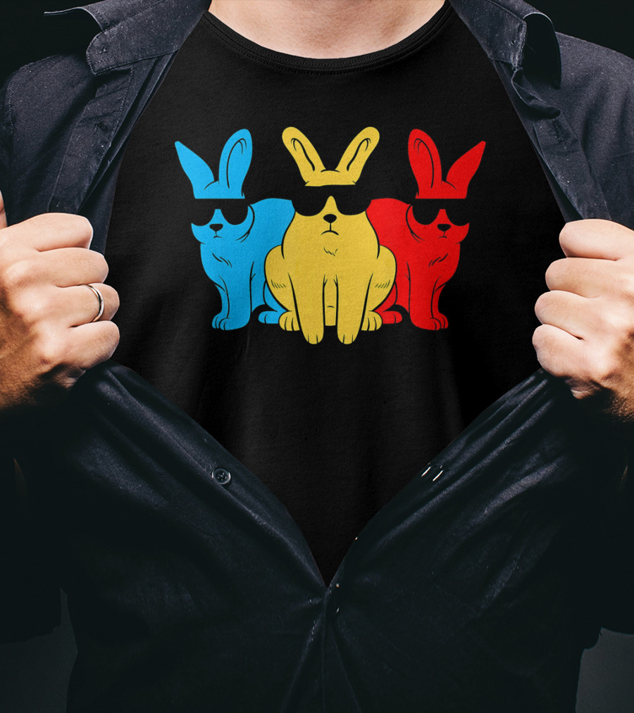 Hip Trio Bunnies Shades Funny Hipster Blue Yellow Red T-Shirt