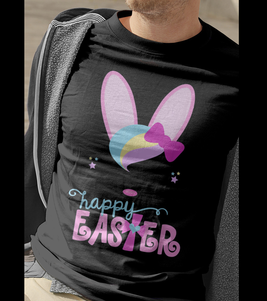 HAPPY EASTER Bunny Face Girls Bow Stars Colorful Ears T-Shirt