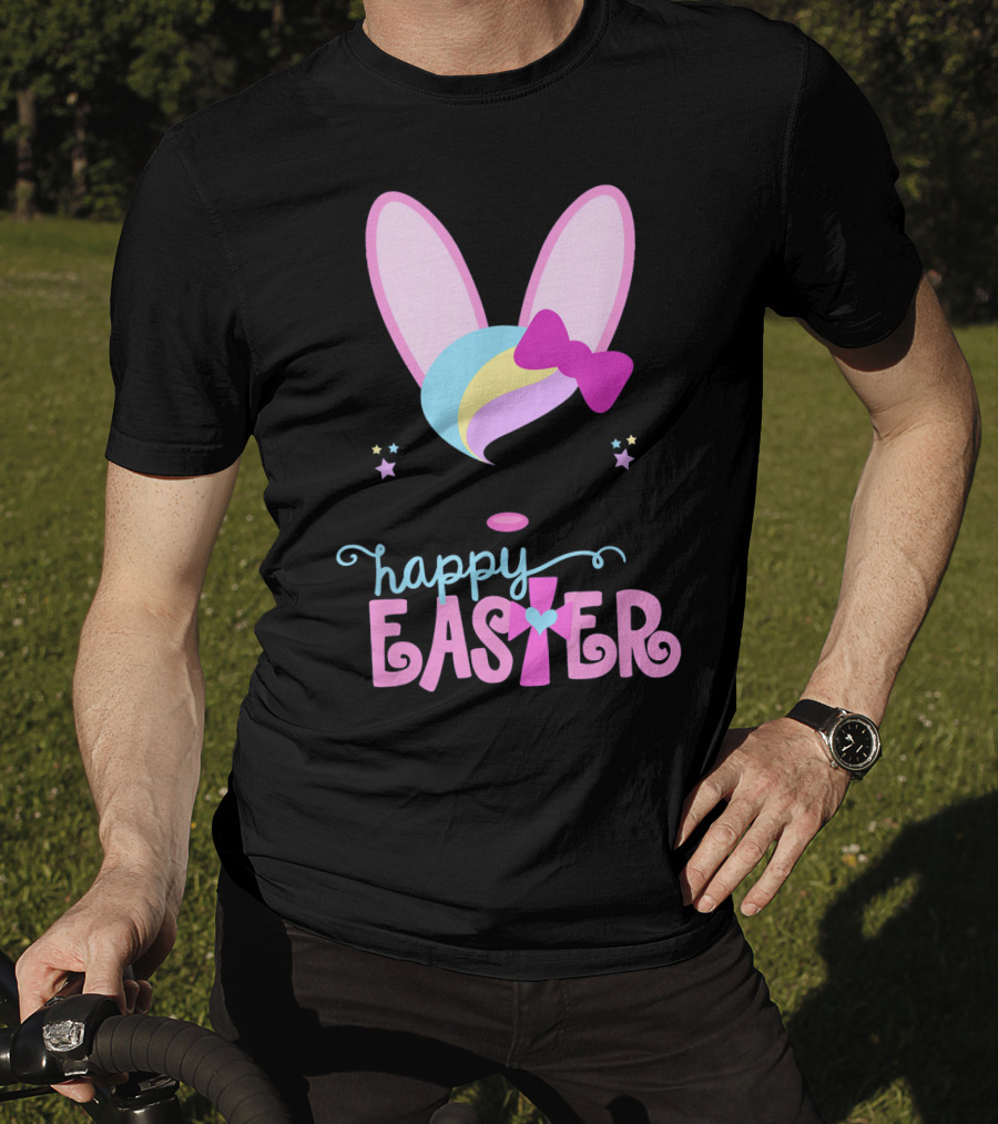 HAPPY EASTER Bunny Face Girls Bow Stars Colorful Ears T-Shirt