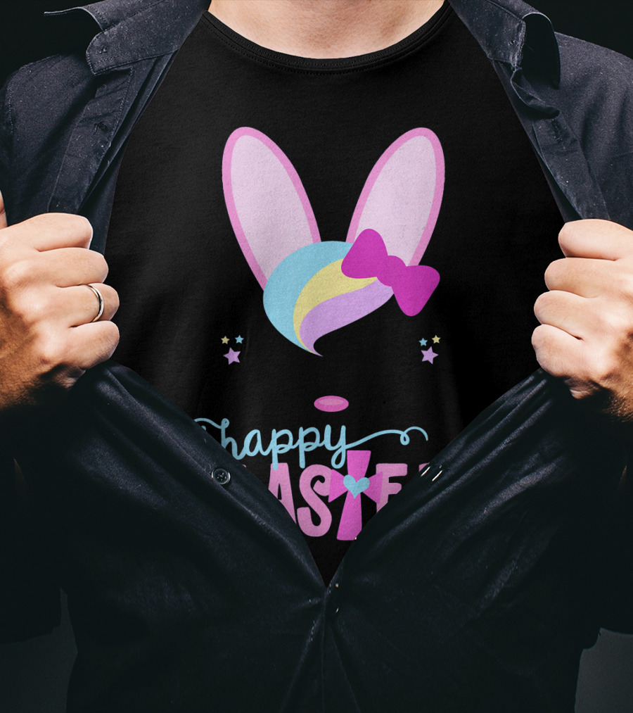 HAPPY EASTER Bunny Face Girls Bow Stars Colorful Ears T-Shirt