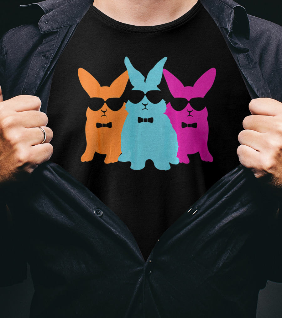 Hipster Easter Bunny Cool Rabbits Sunglasses Neon Trio Bow Ties T-Shirt