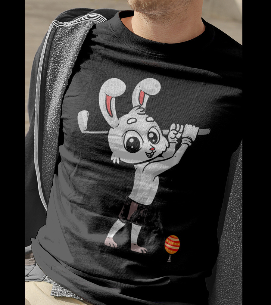 Funny Easter Bunny Playing Golf With Striped Egg T-Shirt