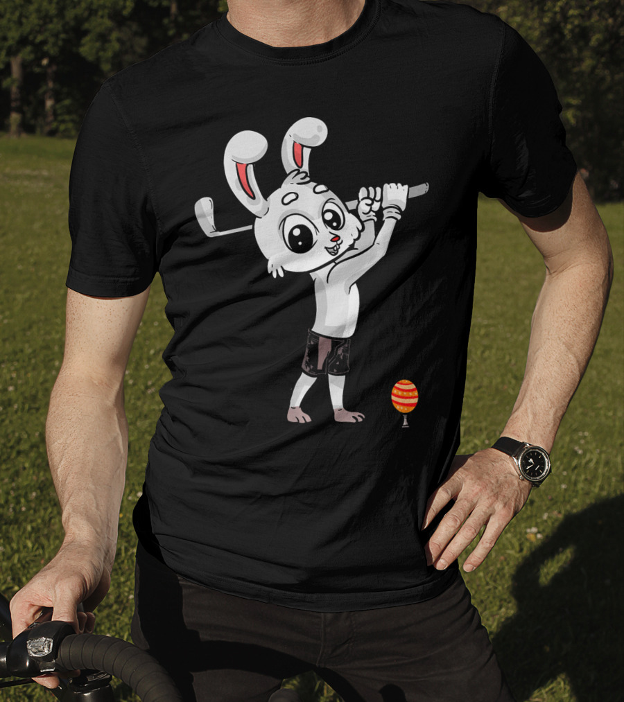 Funny Easter Bunny Playing Golf With Striped Egg T-Shirt