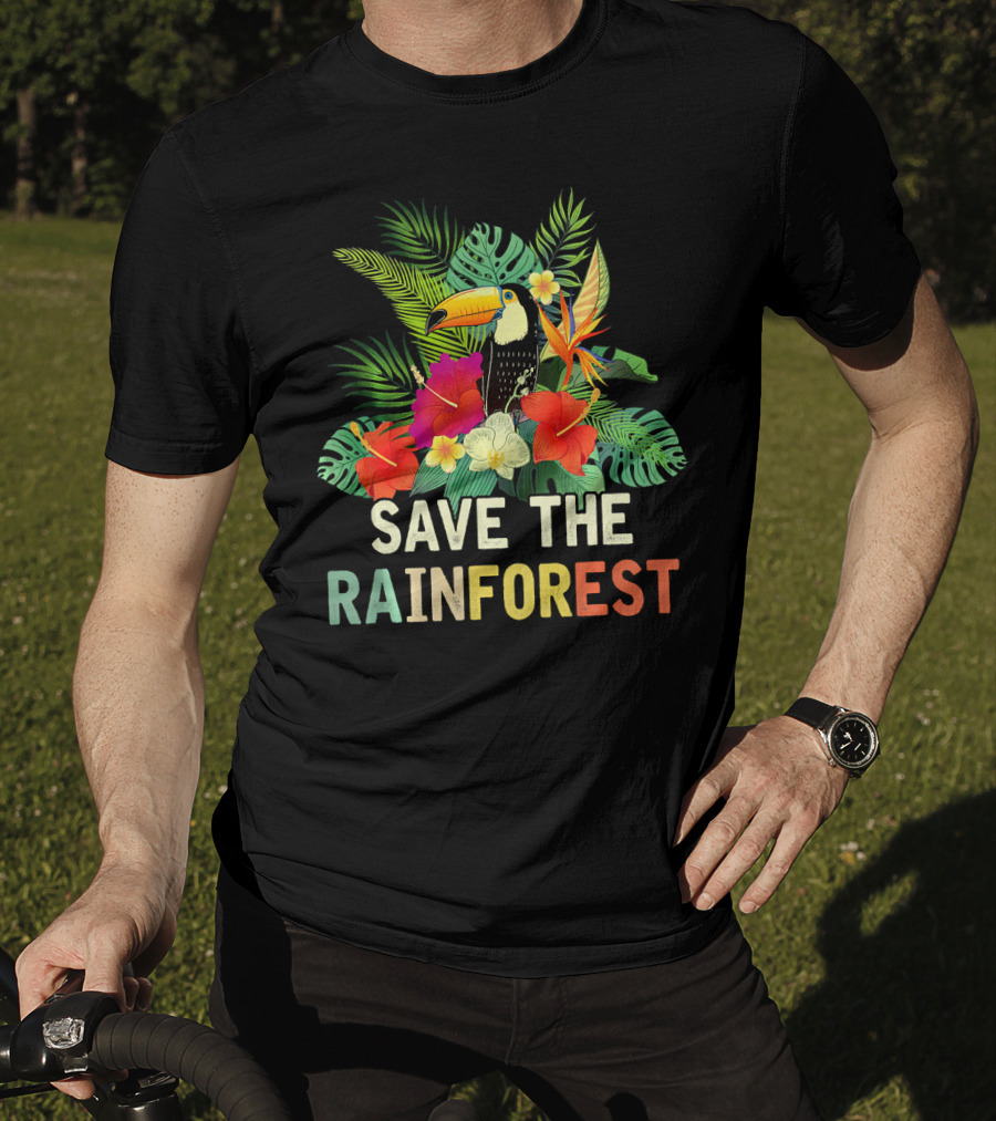Save The Rainforest Colorful Toucan And Tropical Flowers T-Shirt