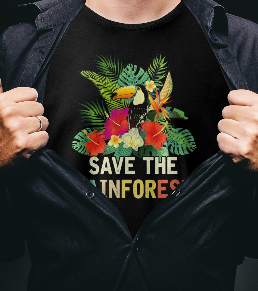 Save The Rainforest Colorful Toucan And Tropical Flowers T-Shirt