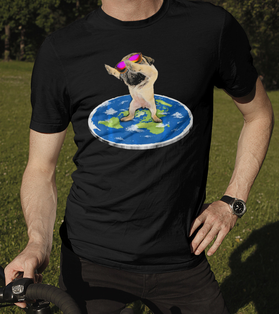 Flat Earth Pug Dabbing With Sunglasses On World Map T-Shirt
