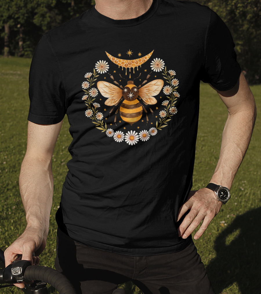 Honey Bee With Flowers And Crescent Moon T-Shirt
