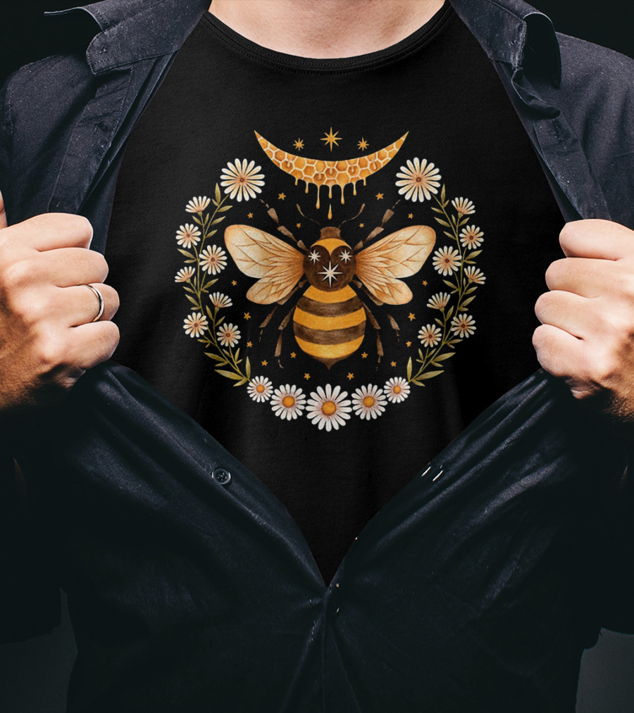 Honey Bee With Flowers And Crescent Moon T-Shirt