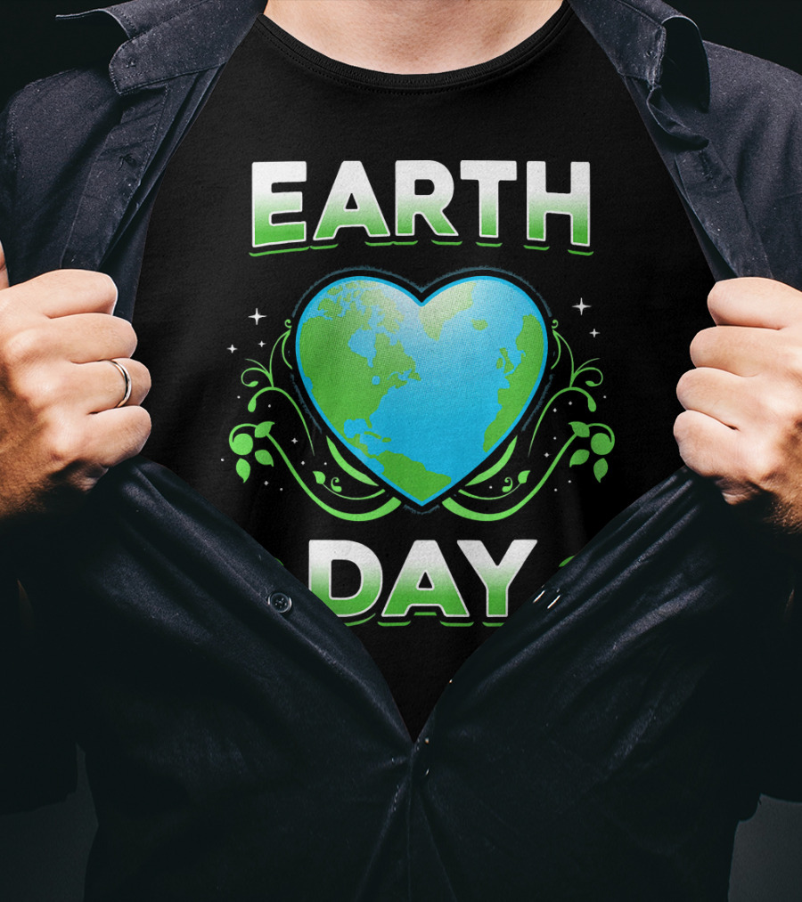 Earth Day Heart With Green Leaves And Swirls T-Shirt