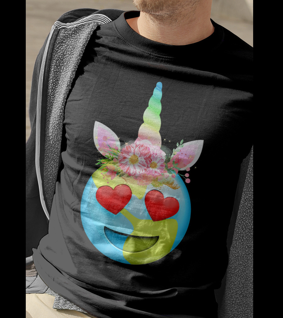 Heart Eyes Unicorn Earth Day Emoji Floral Mane T-Shirt