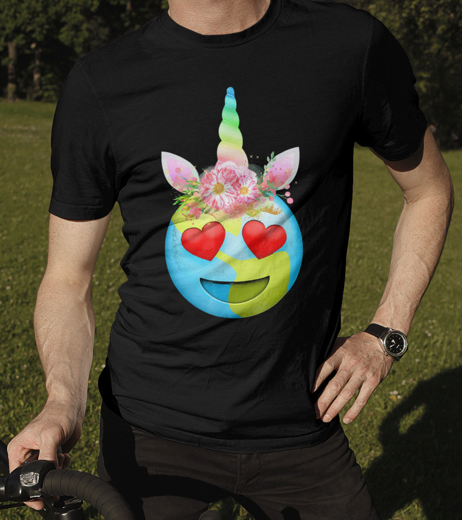 Heart Eyes Unicorn Earth Day Emoji Floral Mane T-Shirt