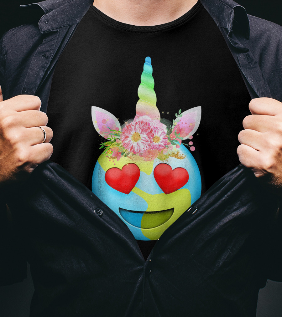 Heart Eyes Unicorn Earth Day Emoji Floral Mane T-Shirt
