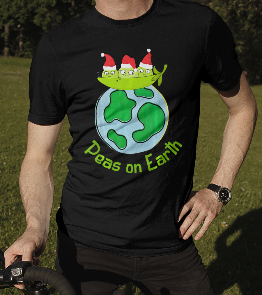 Christmas Peas On Earth With Santa Hat Vegetables On Globe T-Shirt