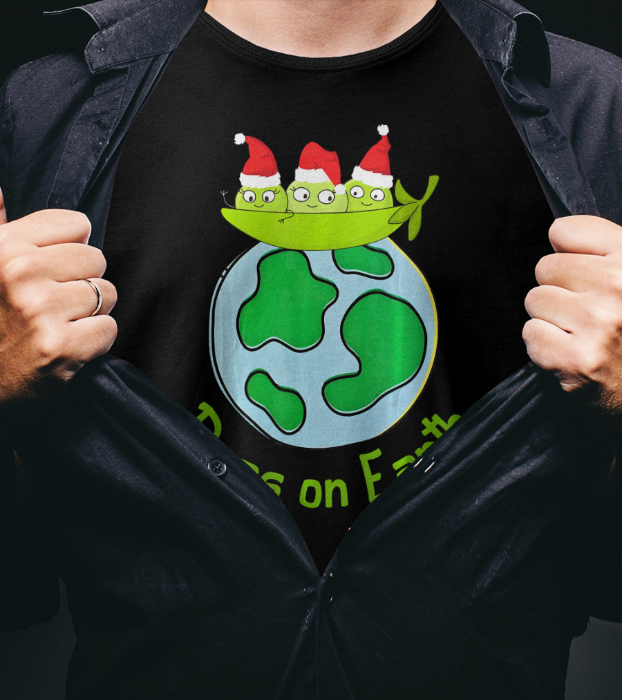 Christmas Peas On Earth With Santa Hat Vegetables On Globe T-Shirt