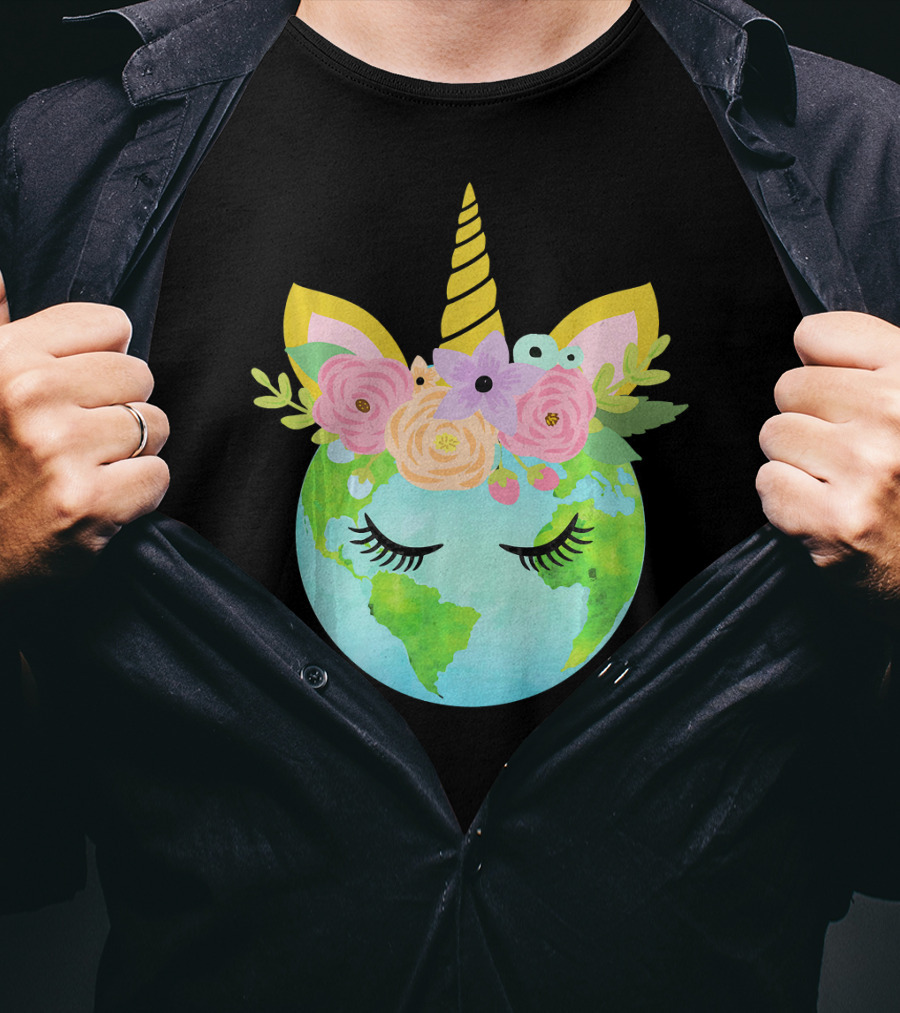 Floral Unicorn Globe For Earth Day T-Shirt