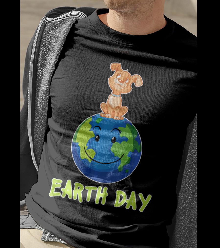 Earth Day Dog On Smiling Planet Earth T-Shirt
