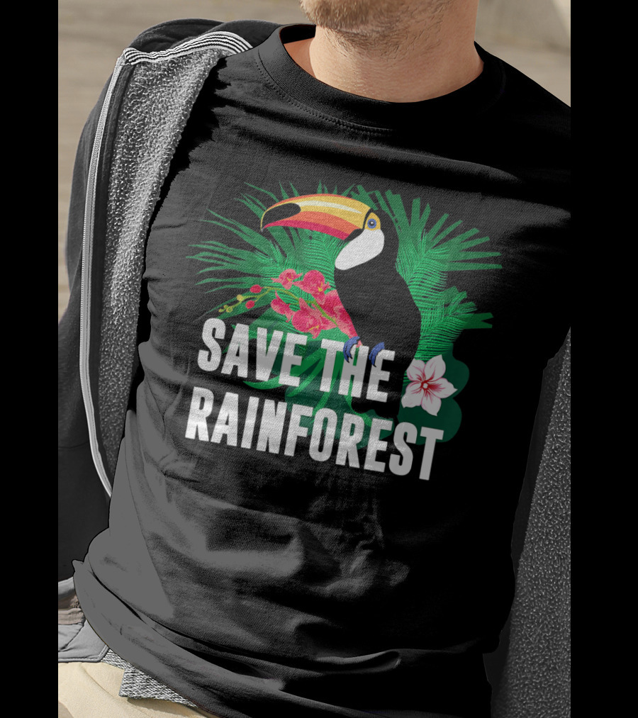 Save The Rainforest Earth Day Toucan And Tropical Flowers T-Shirt