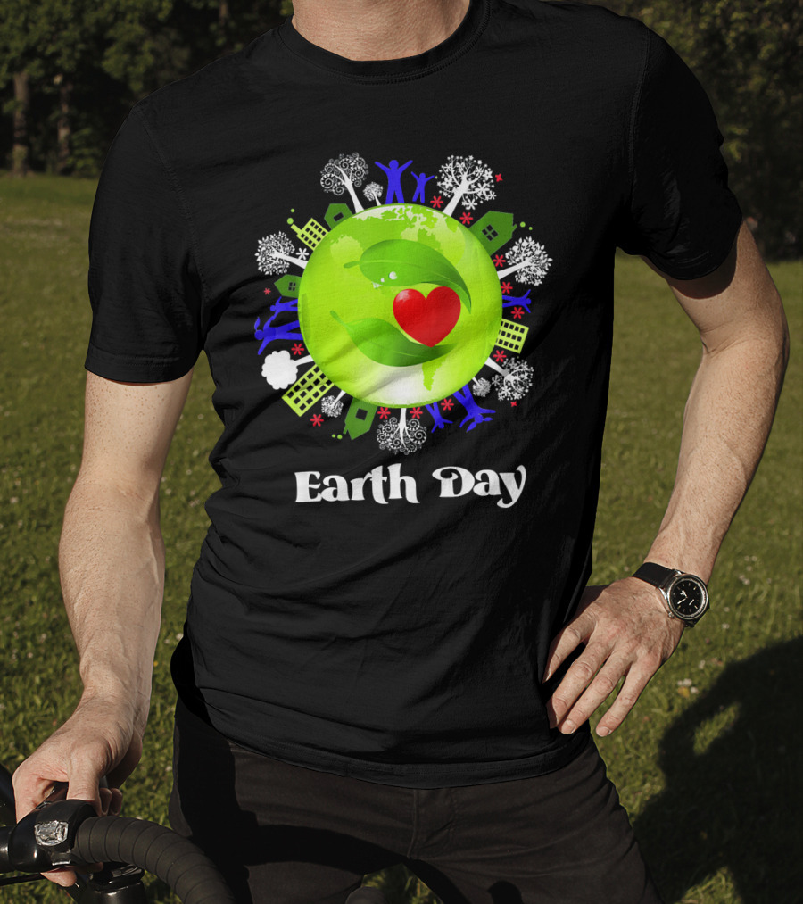Earth Day Planet Earth Love With Leaf And Heart T-Shirt