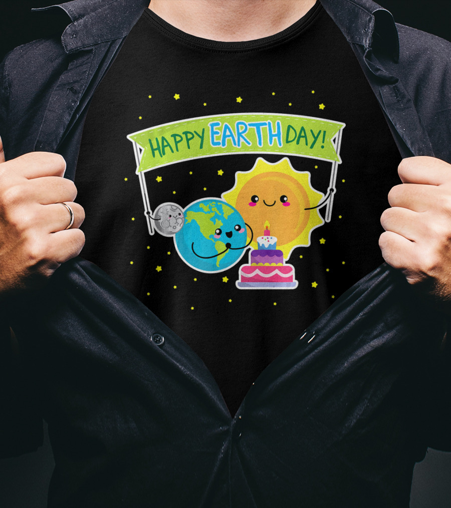 Happy Earth Day Cute Earth Sun Moon Cake T-Shirt