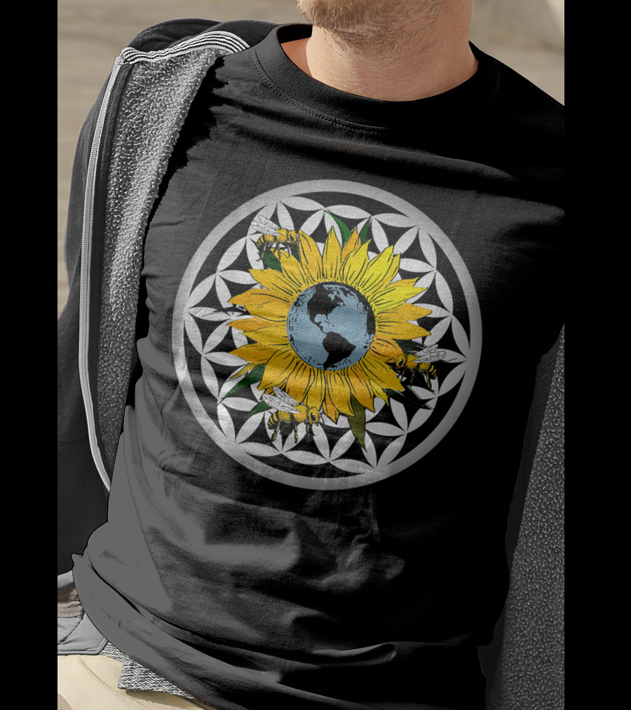Sunflower Earth With Flower Of Life And Bees T-Shirt