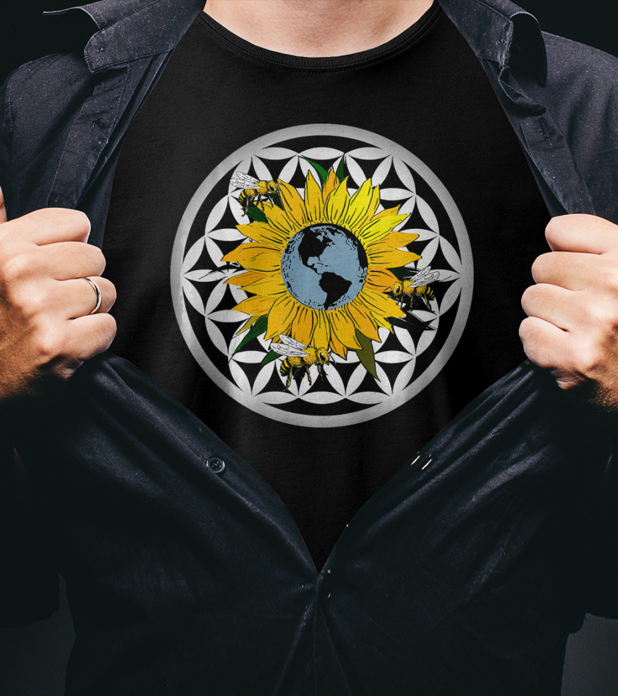 Sunflower Earth With Flower Of Life And Bees T-Shirt
