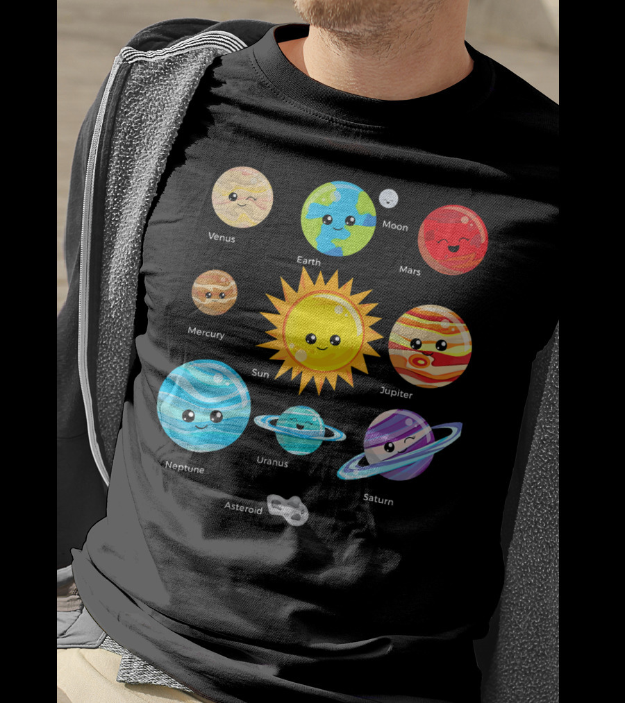 Solar System Planets Earth Moon Sun Venus Mars Mercury Jupiter Neptune Uranus Saturn Asteroid Cartoon T-Shirt