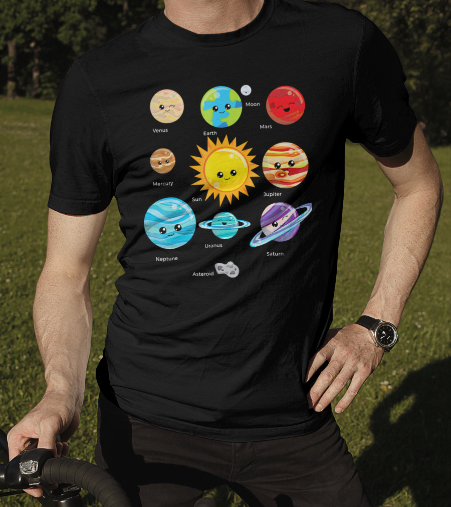 Solar System Planets Earth Moon Sun Venus Mars Mercury Jupiter Neptune Uranus Saturn Asteroid Cartoon T-Shirt