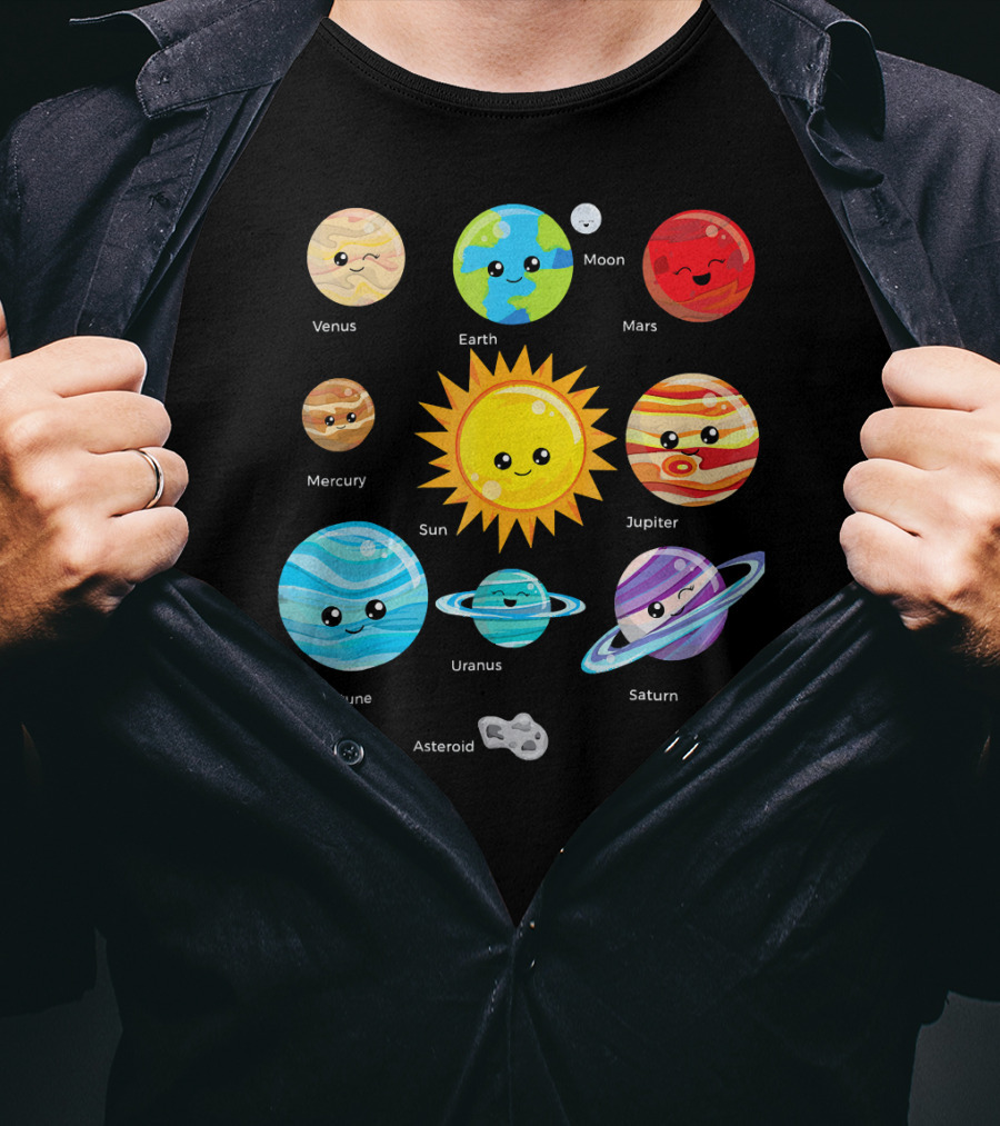 Solar System Planets Earth Moon Sun Venus Mars Mercury Jupiter Neptune Uranus Saturn Asteroid Cartoon T-Shirt