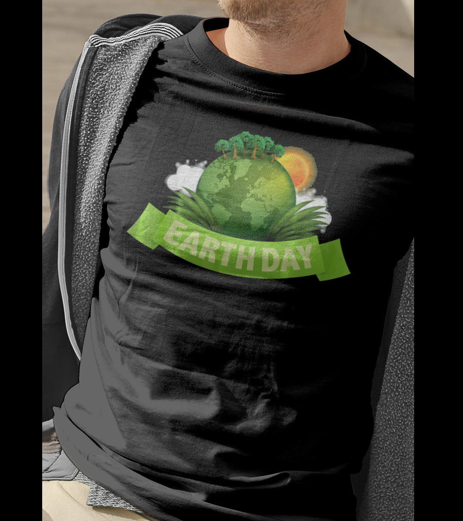 Happy Earth Day Globe With Green Banner And Sun T-Shirt