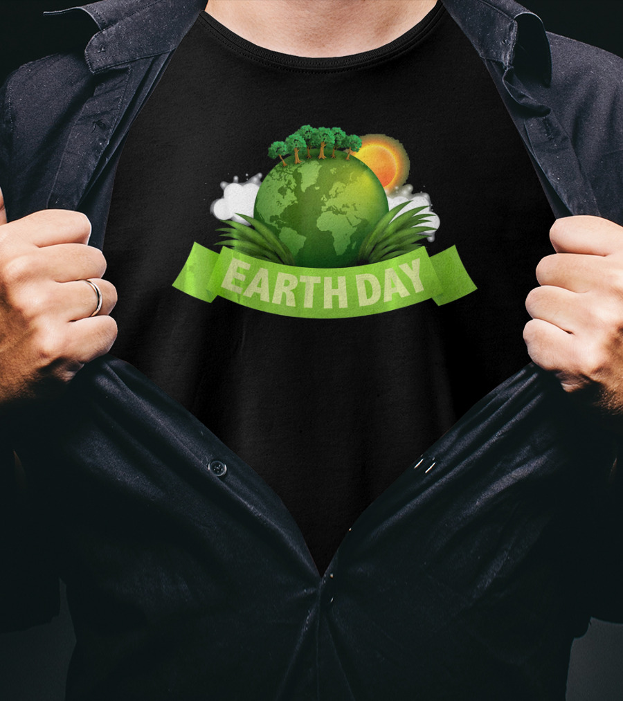 Happy Earth Day Globe With Green Banner And Sun T-Shirt