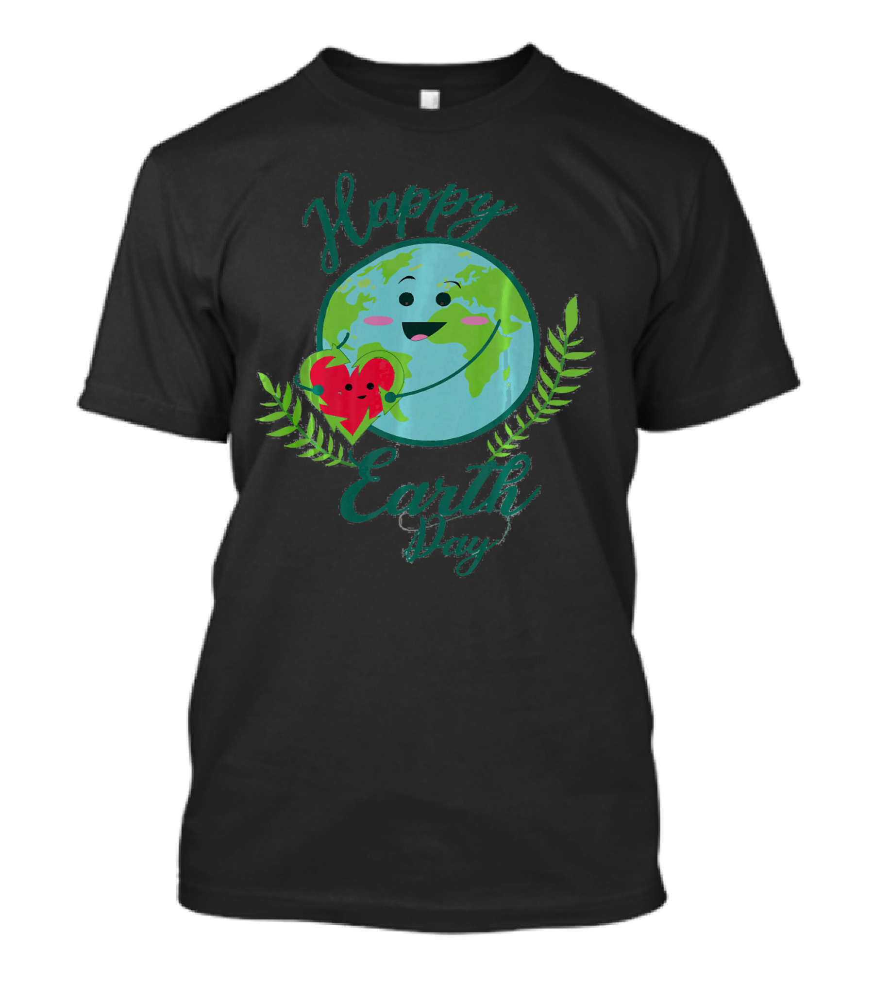 Happy Earth Day Smiling Planet With Heart And Leaves T-Shirt