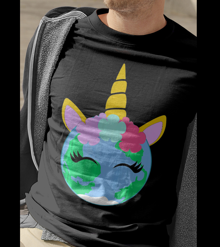 Unicorn Earth Cute Unicorn Face Earth With Flowers And Horn T-Shirt
