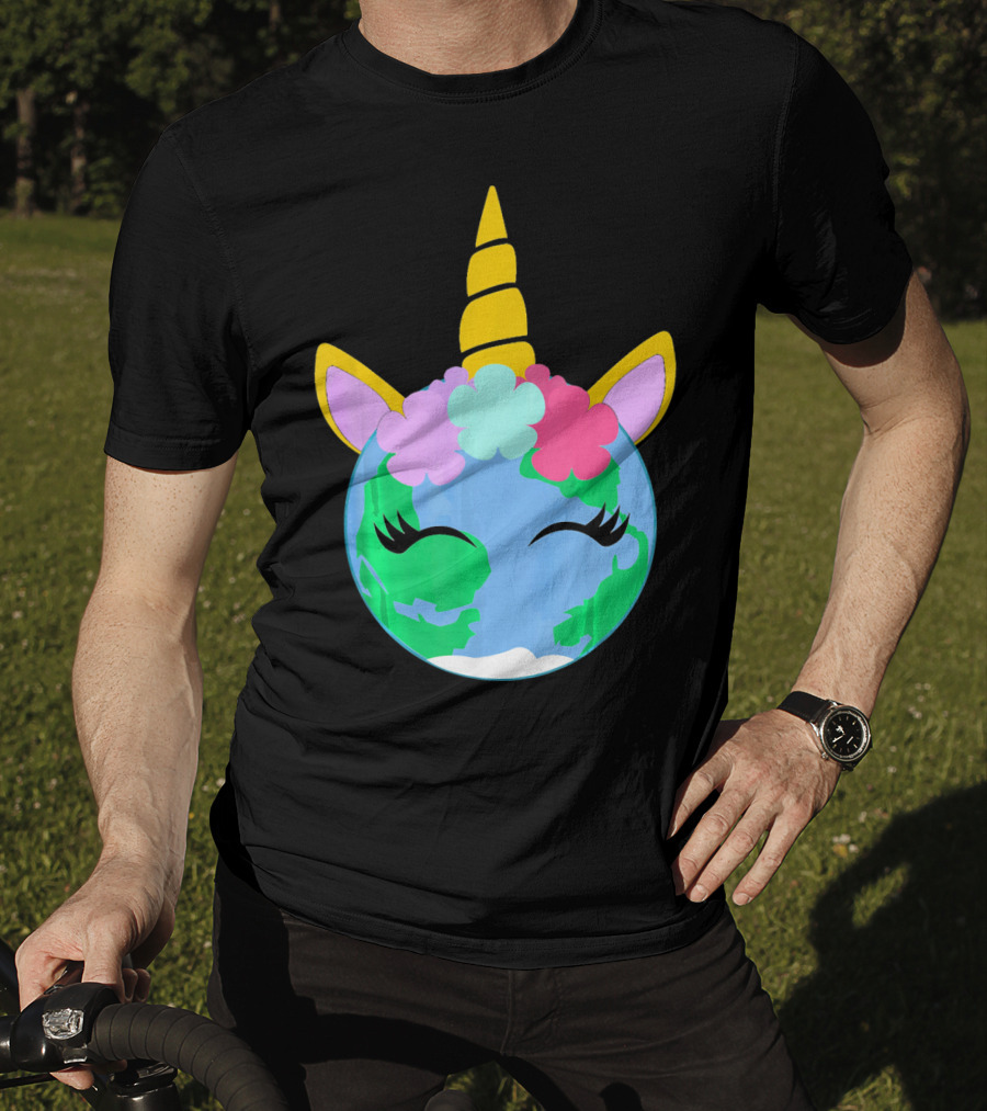 Unicorn Earth Cute Unicorn Face Earth With Flowers And Horn T-Shirt