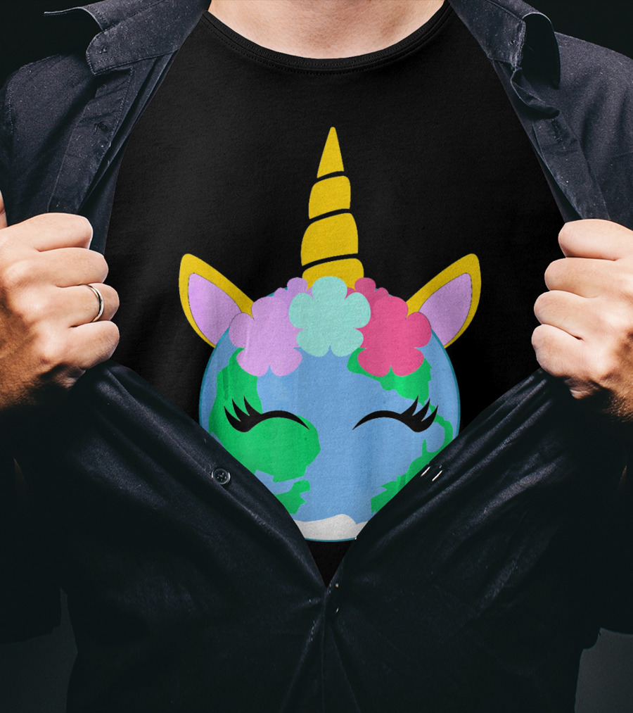Unicorn Earth Cute Unicorn Face Earth With Flowers And Horn T-Shirt
