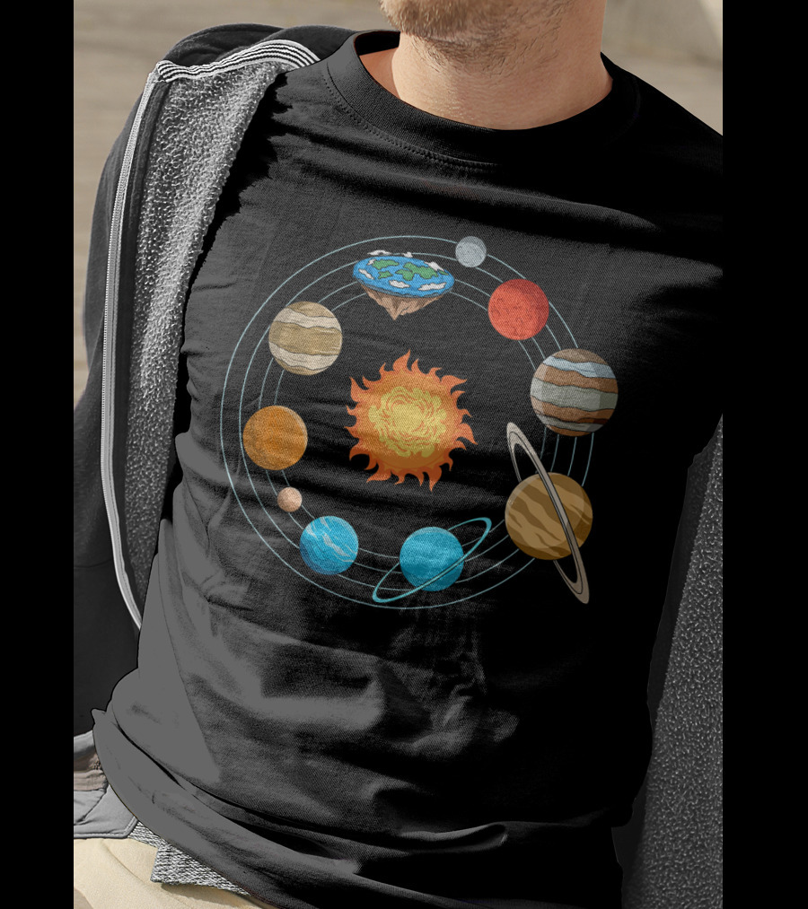 Flat Earth Joke Flat Earthers Solar System With Planets Orbiting Earth As A Disk T-Shirt
