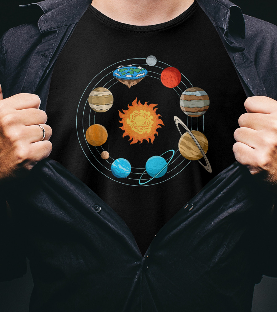 Flat Earth Joke Flat Earthers Solar System With Planets Orbiting Earth As A Disk T-Shirt