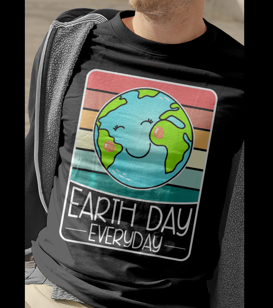 Earth Day Everyday Smiling Earth On Retro Stripes T-Shirt