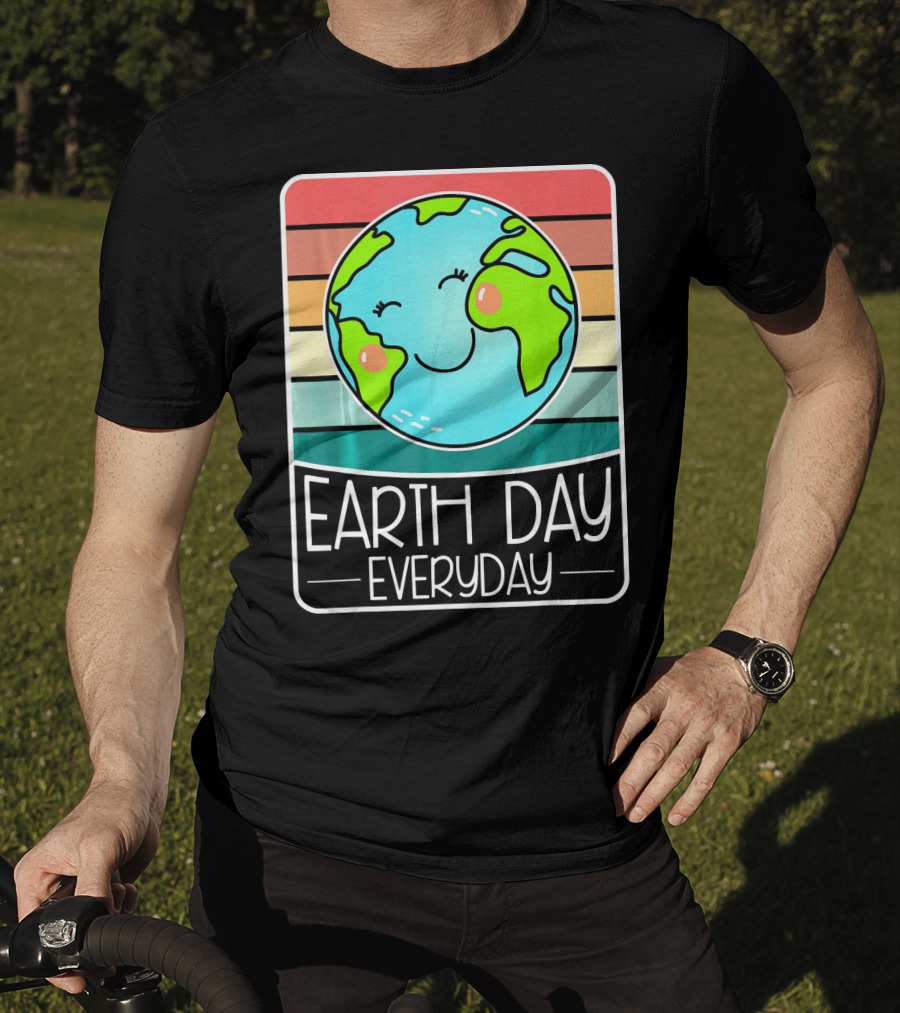 Earth Day Everyday Smiling Earth On Retro Stripes T-Shirt