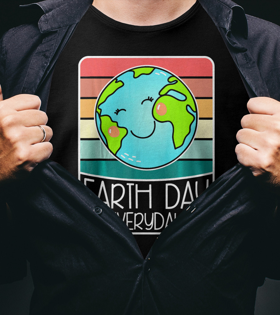 Earth Day Everyday Smiling Earth On Retro Stripes T-Shirt
