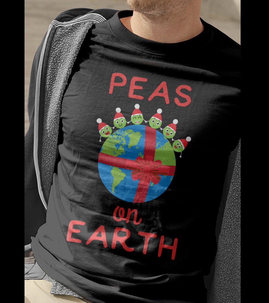 Peas On Earth World Peace Vegetables Santa Hat Planet Gift Bow T-Shirt