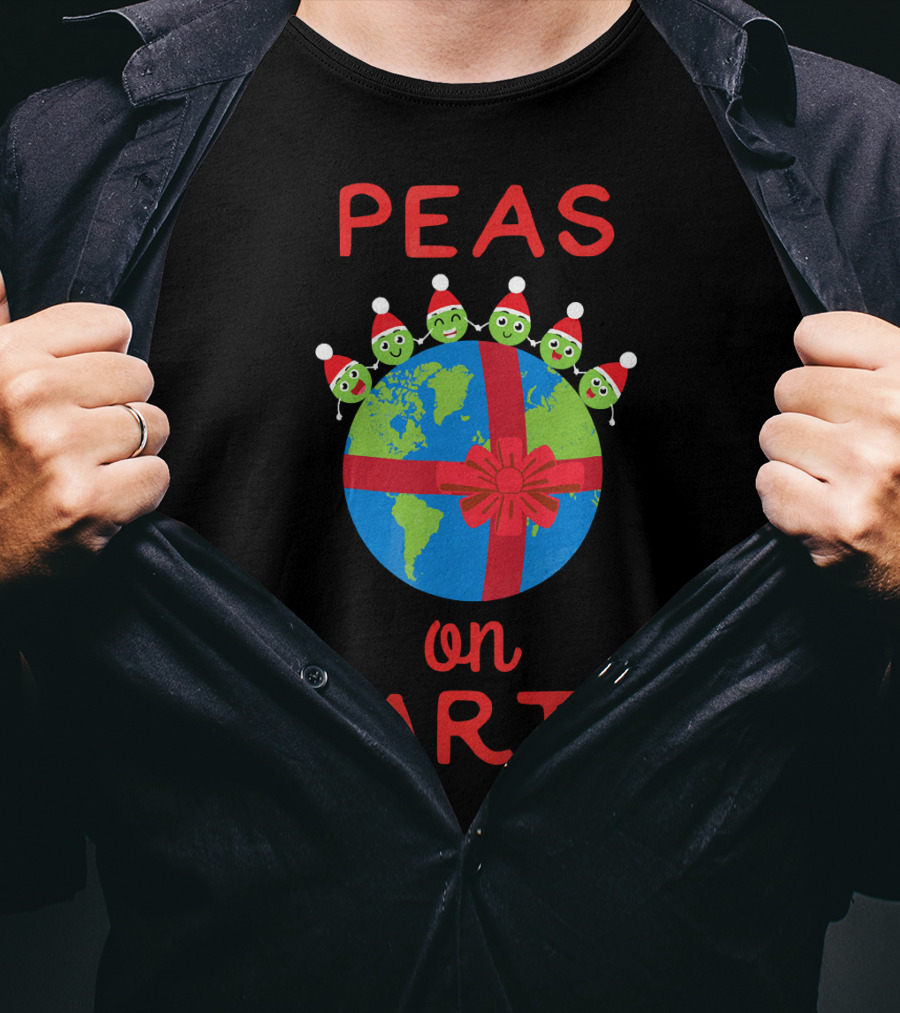 Peas On Earth World Peace Vegetables Santa Hat Planet Gift Bow T-Shirt