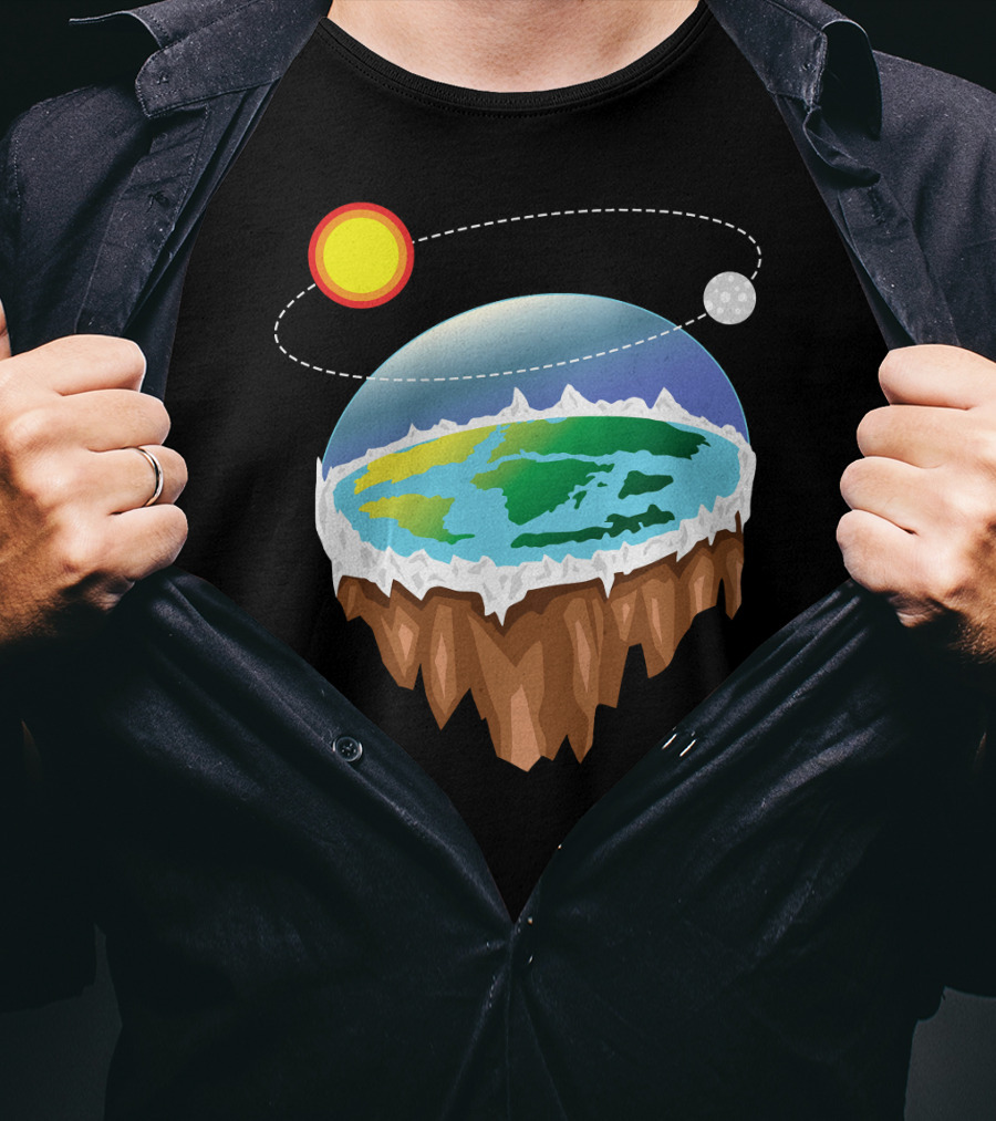Flat Earth Ice Wall With Floating Sun And Moon Elements T-Shirt