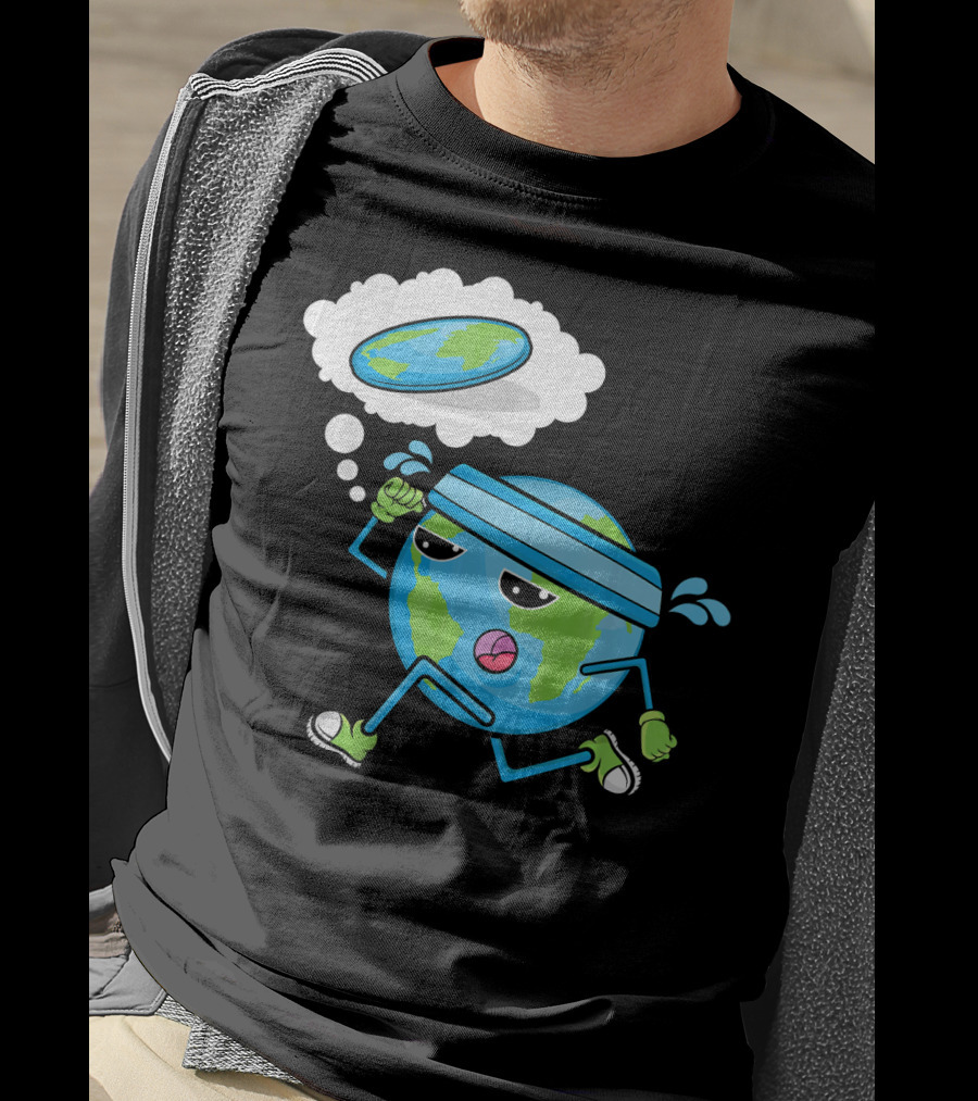 Flat Earth Gym Runner Cartoon With Sweatband And Sneakers T-Shirt