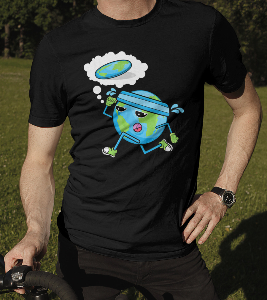 Flat Earth Gym Runner Cartoon With Sweatband And Sneakers T-Shirt