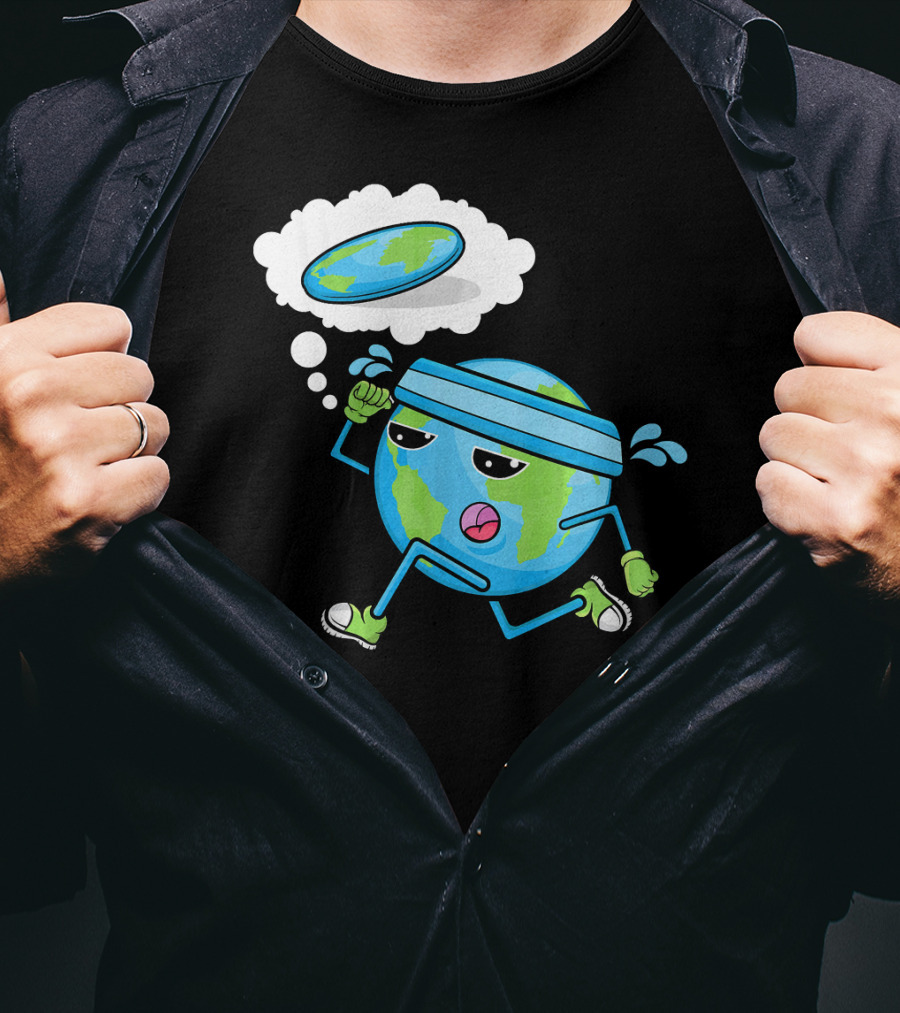 Flat Earth Gym Runner Cartoon With Sweatband And Sneakers T-Shirt