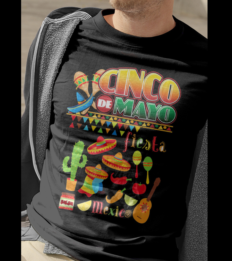 Cinco De Mayo Fiesta Mexico Cactus Sombrero Maracas Guitar Lime Chilli Peppers Icons T-Shirt