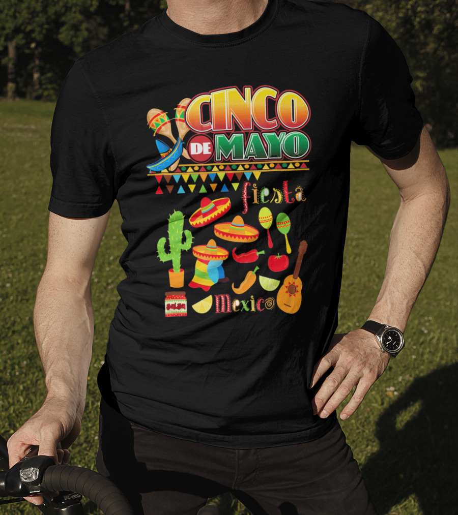 Cinco De Mayo Fiesta Mexico Cactus Sombrero Maracas Guitar Lime Chilli Peppers Icons T-Shirt