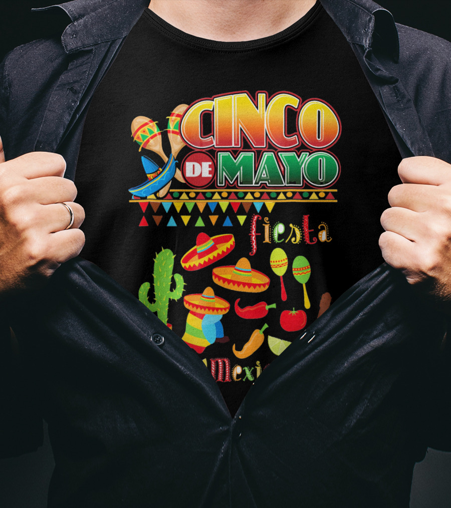 Cinco De Mayo Fiesta Mexico Cactus Sombrero Maracas Guitar Lime Chilli Peppers Icons T-Shirt