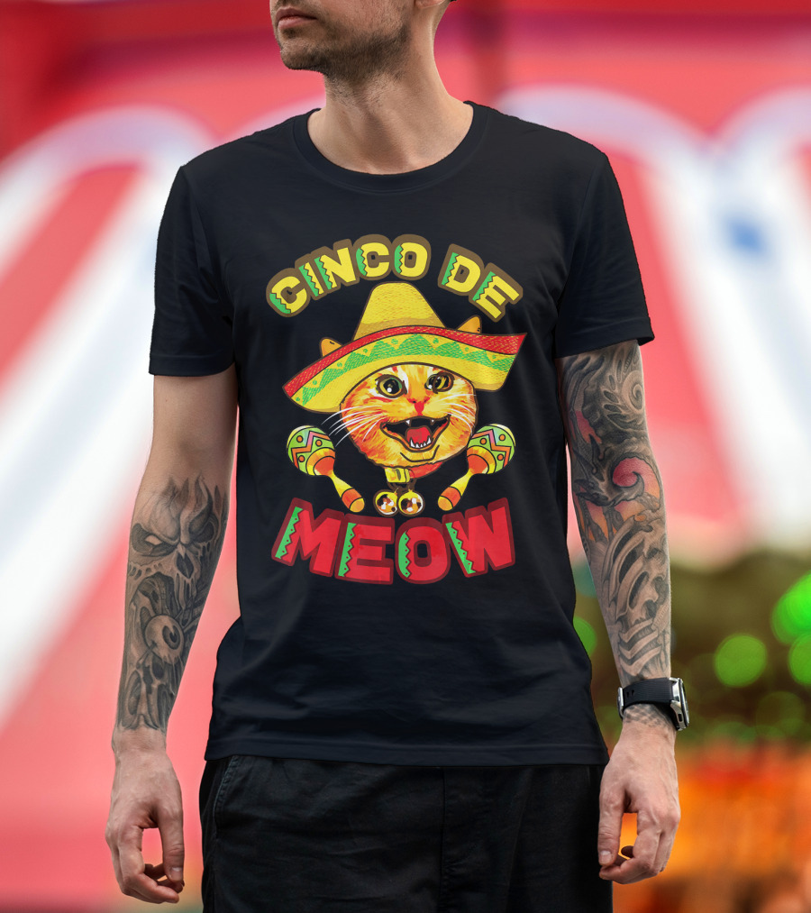Cinco De Meow Cat With Sombrero and Maracas Fiesta T-Shirt