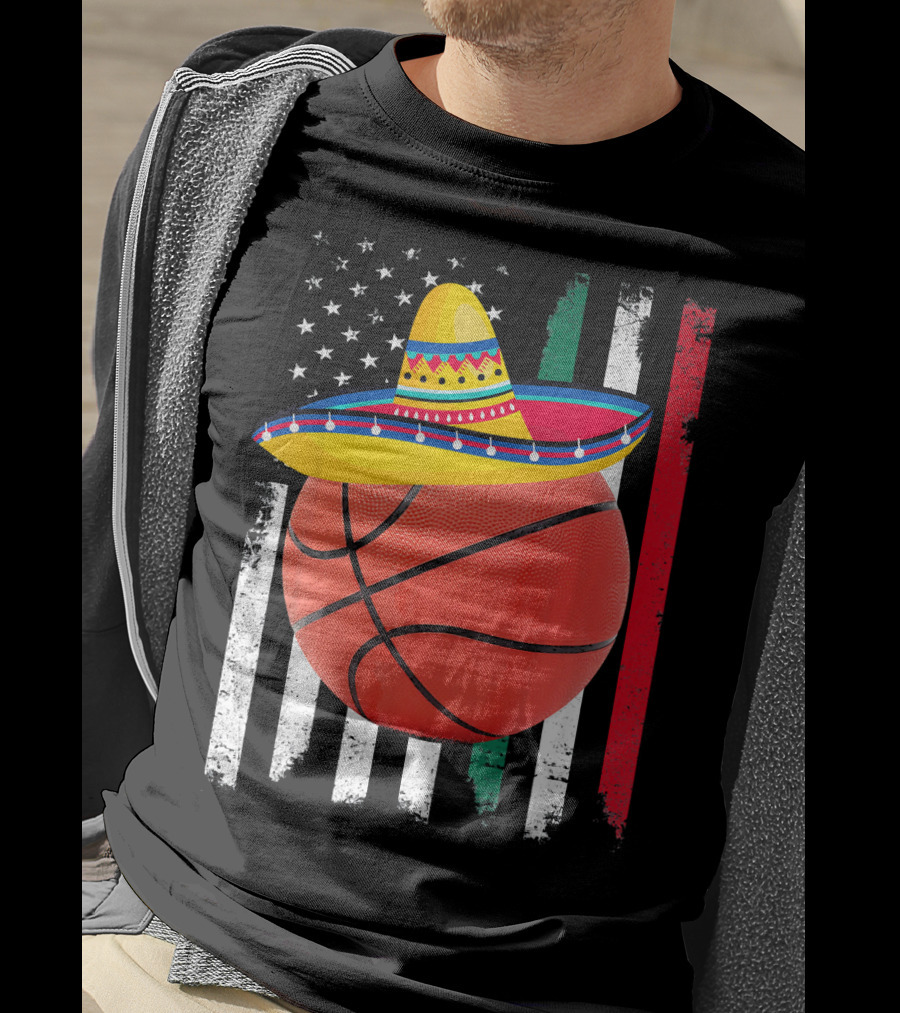 Cinco De Mayo Basketball Sombrero USA Mexico Flag T-Shirt